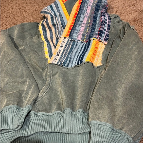 NWT Free People February Sweatshirt teal combo xL green sweater hood - Picture 4 of 5